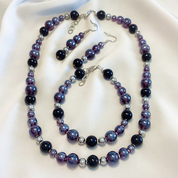 Purple & Black Bead Necklace Set - Picture 3 of 3